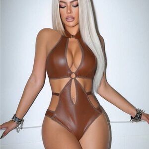 NWT Brown Halter Cutout PU Leather Bodysuit size XL